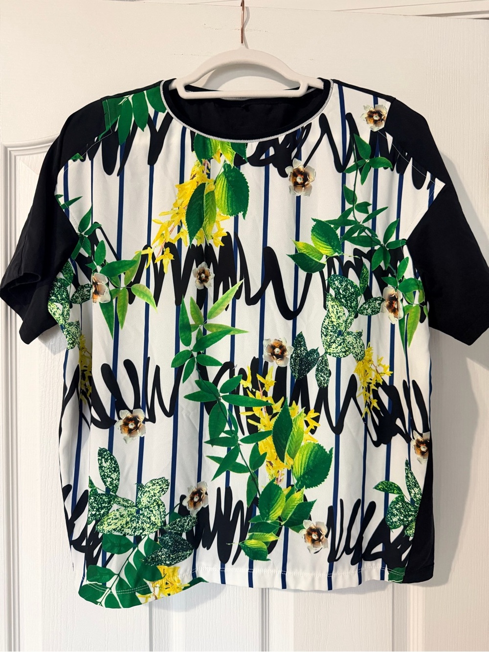Women’s Short-Sleeve Floral & Stripe Tee (White, Yellow, Black & Green Design)